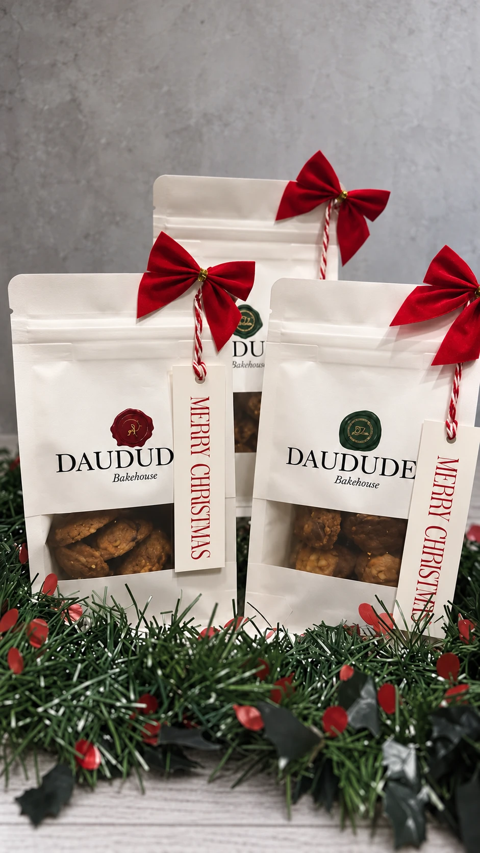 Christmas cookie pouches with red bows and festive gift tags