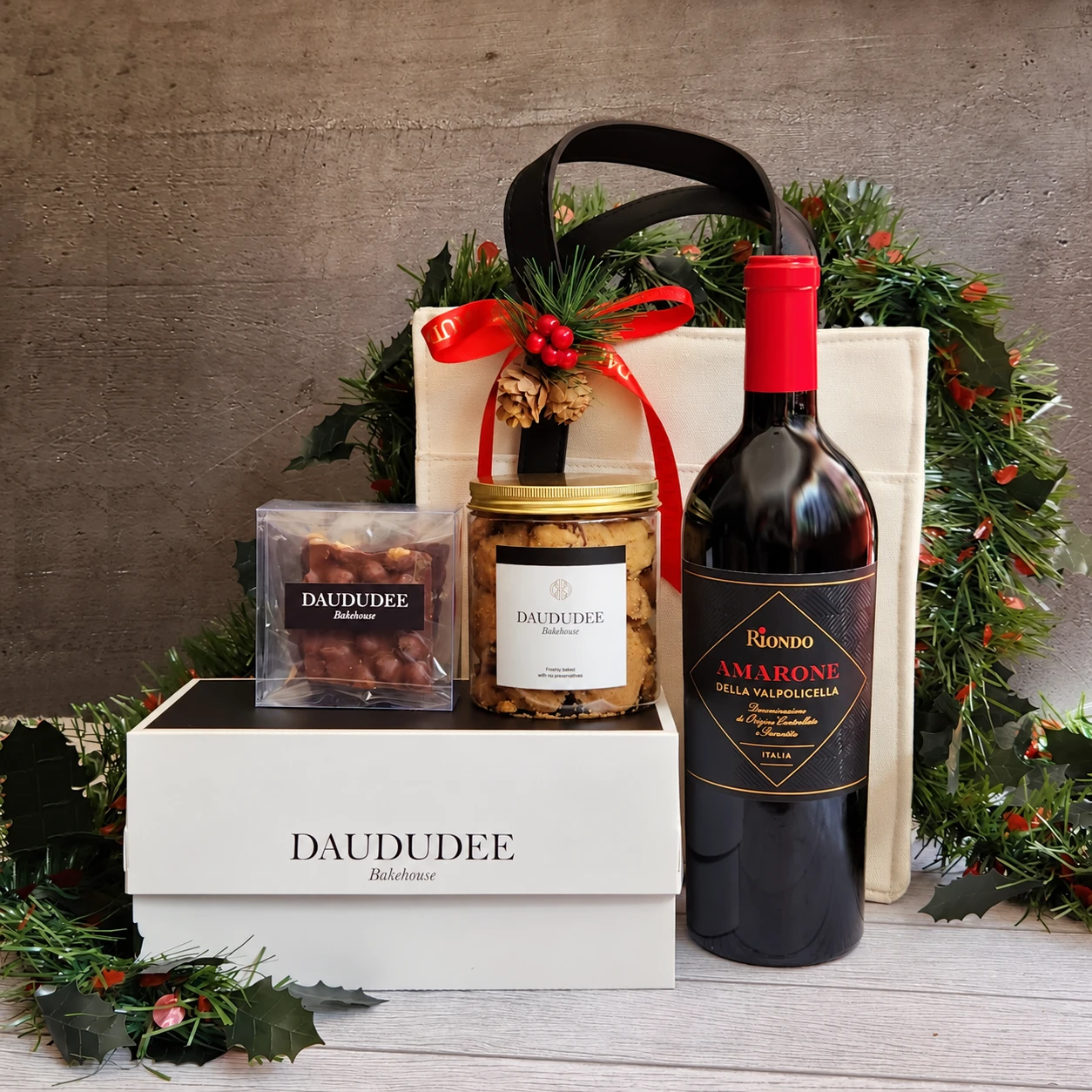 Wine, cookies and chocolate gift set with a canvas bag