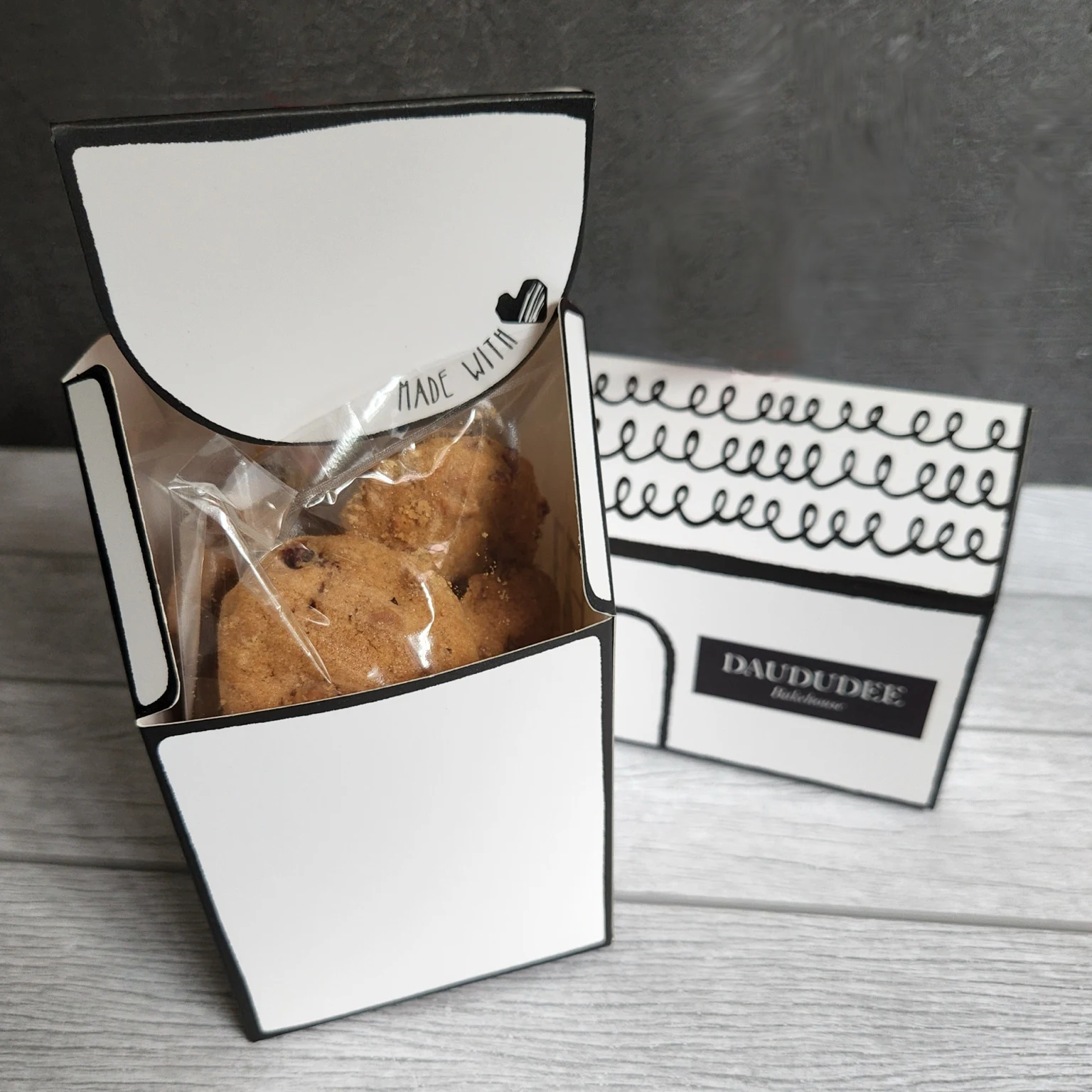 A peek inside our house-shaped cookie box