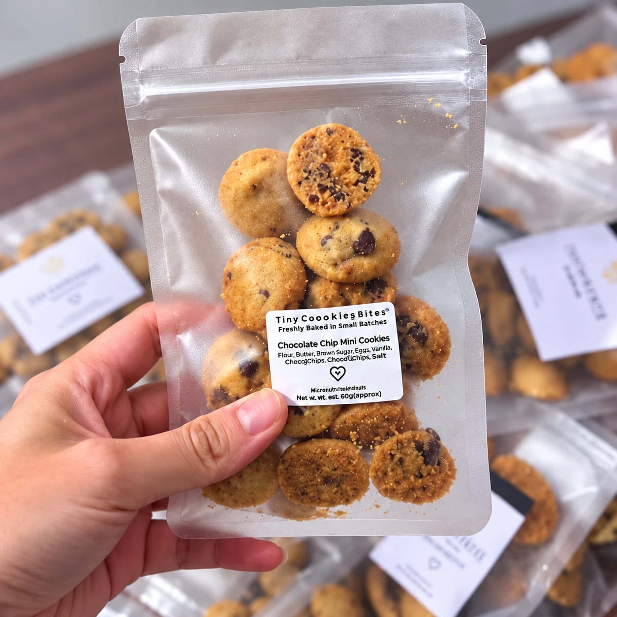 Mini cookies in a clear resealable party-favour pouch